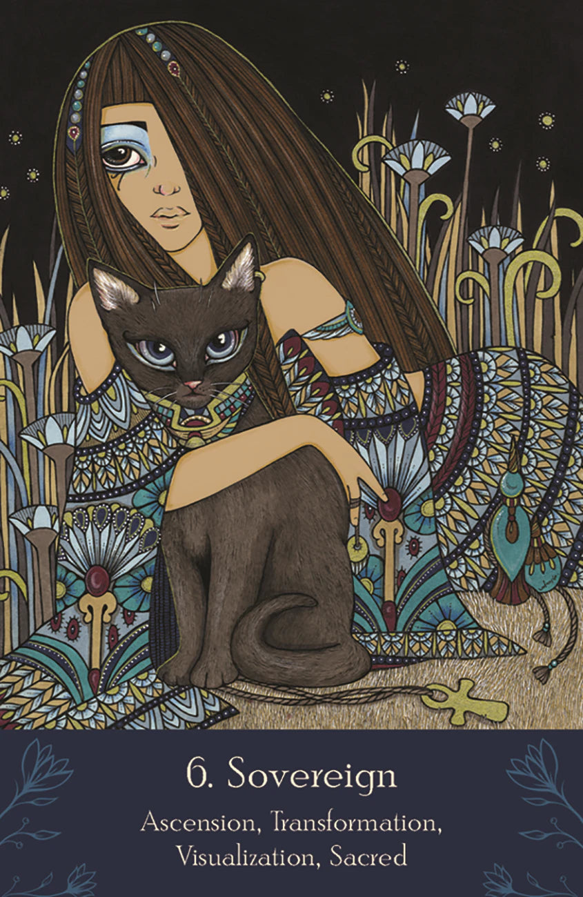 Illustration of a woman with a cat, surrounded by mystical plants and symbols, with '6. Sovereign' text at the bottom.