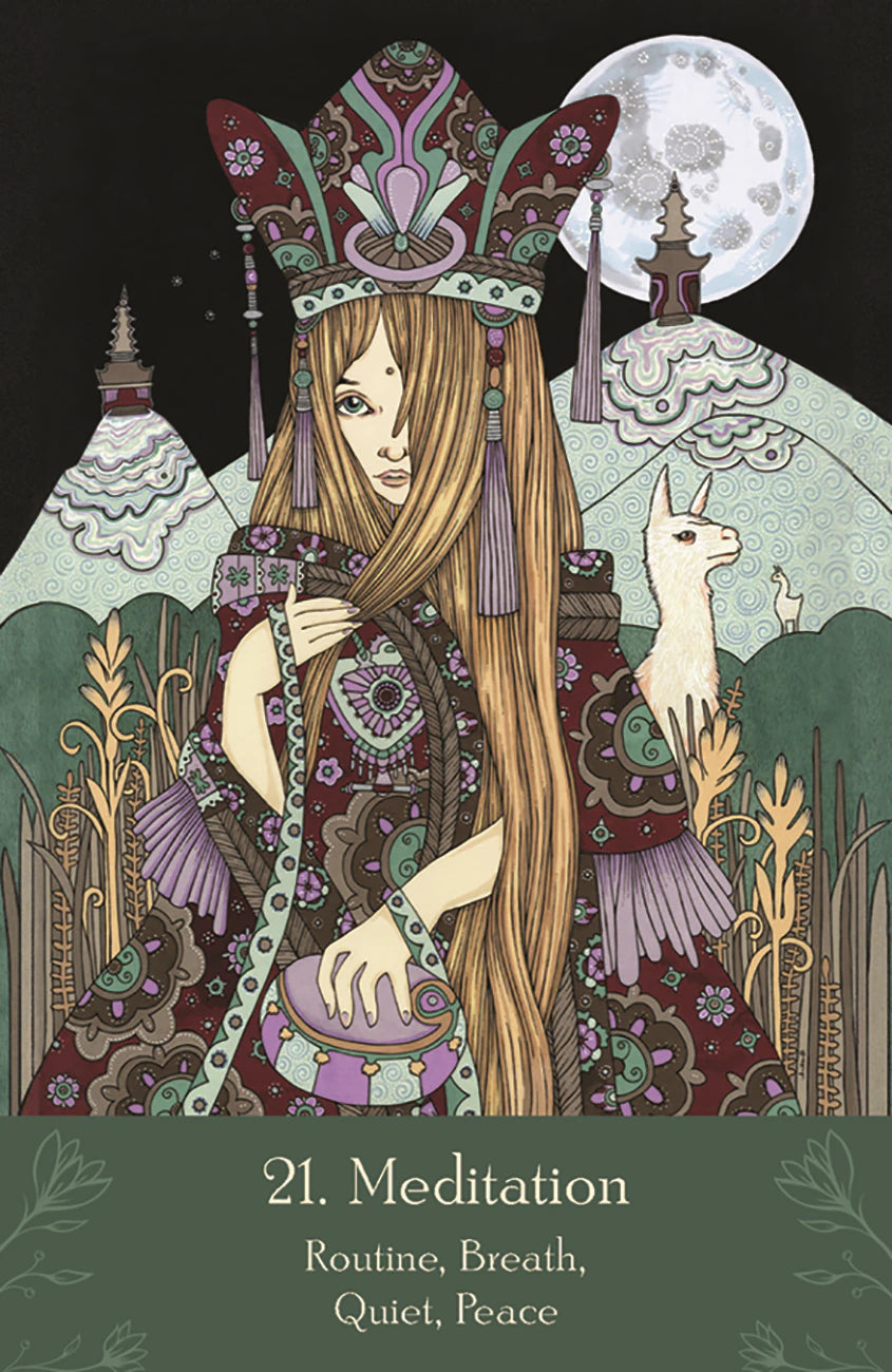 Illustration of a woman in traditional attire with a llama and mountains in the background, titled 'Meditation'.