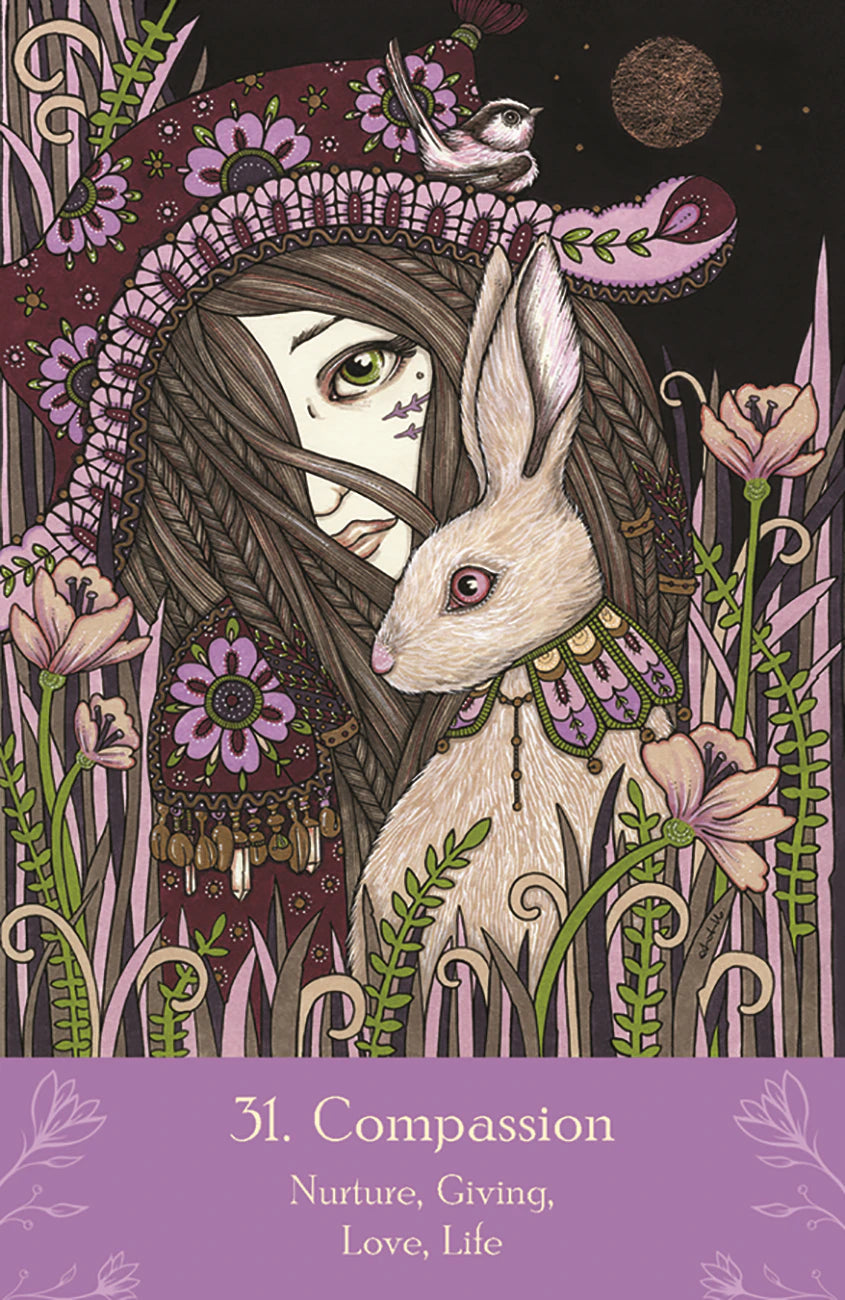 Illustration of a woman with long hair and a white rabbit, surrounded by flowers and nature elements, with the word 'Compassion' at the bottom.
