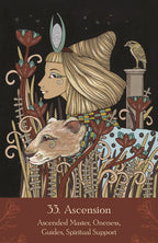 Illustration of a woman with a wolf, surrounded by nature elements and text about Ascended Masters and Oneness.