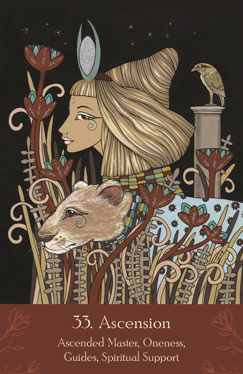 Illustration of a woman with a wolf, surrounded by nature elements and text about Ascended Masters and Oneness.
