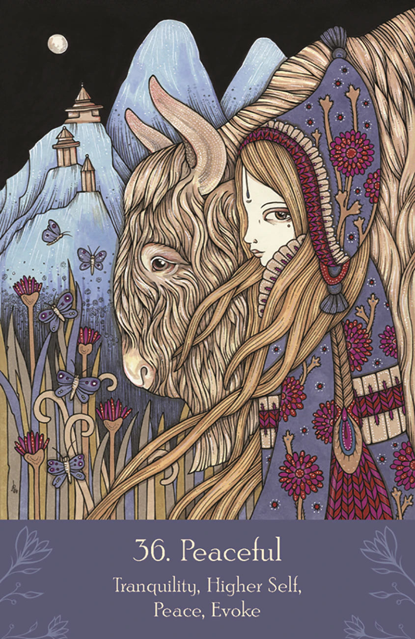 Illustration of a woman with long hair embracing a creature, surrounded by nature elements like flowers and mountains.