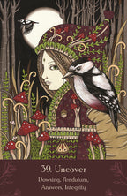 Illustration of a woman in a forest with a bird, surrounded by nature elements.