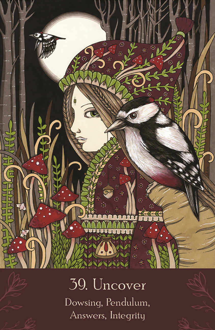 Illustration of a woman in a forest with a bird, surrounded by nature elements.