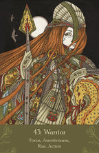 Illustration of a warrior with a spear, set against a dark background with a moon and bird.