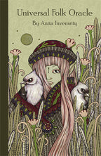 Book cover of 'Universal Folk Oracle' by Anita Inverarity featuring a woman with long hair and birds in a natural setting.