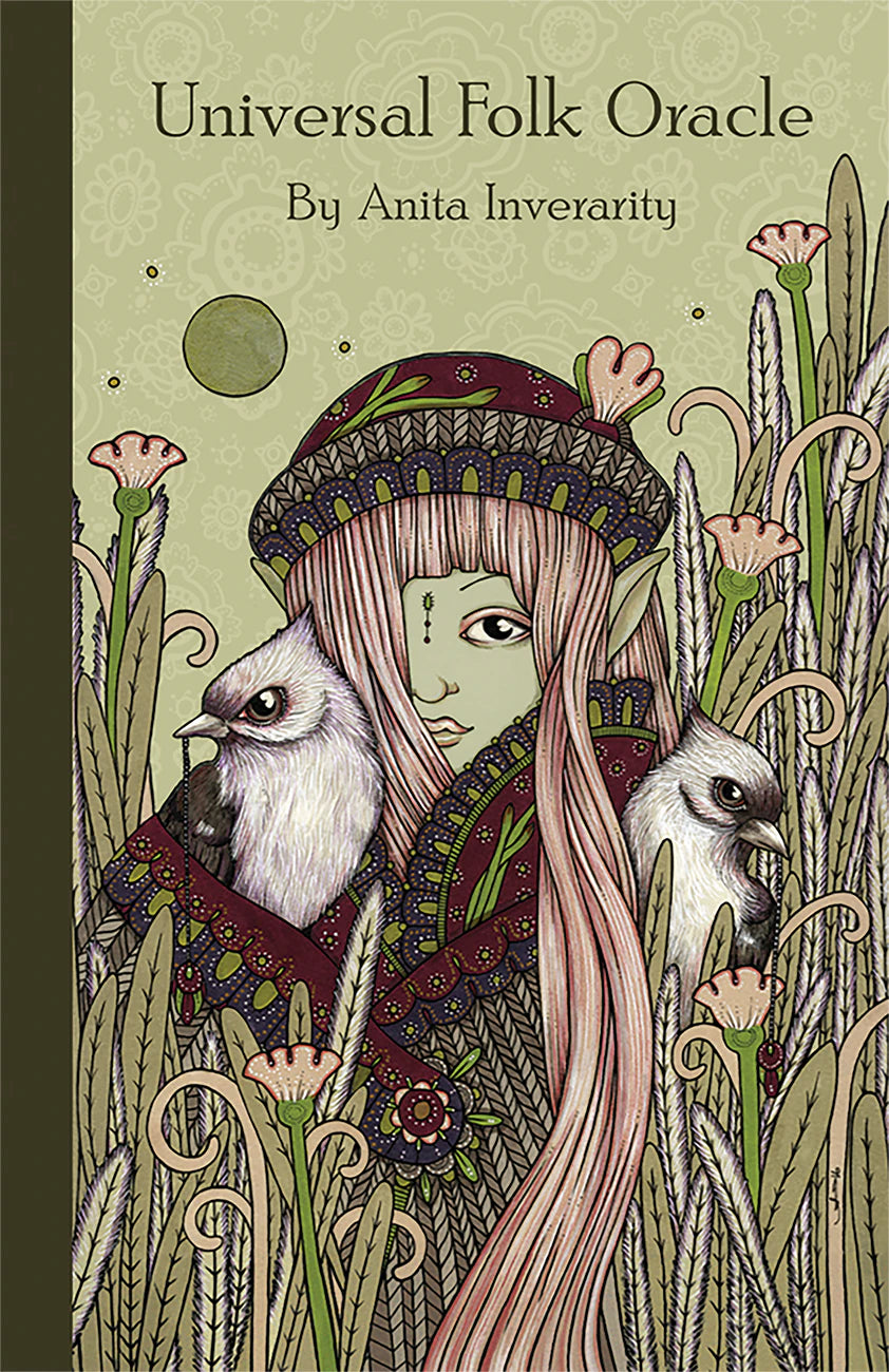 Book cover of 'Universal Folk Oracle' by Anita Inverarity featuring a woman with long hair and birds in a natural setting.