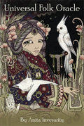 Cover of 'Universal Folk Oracle' by Anita Inverarity featuring a stylized illustration of a woman with a bird.