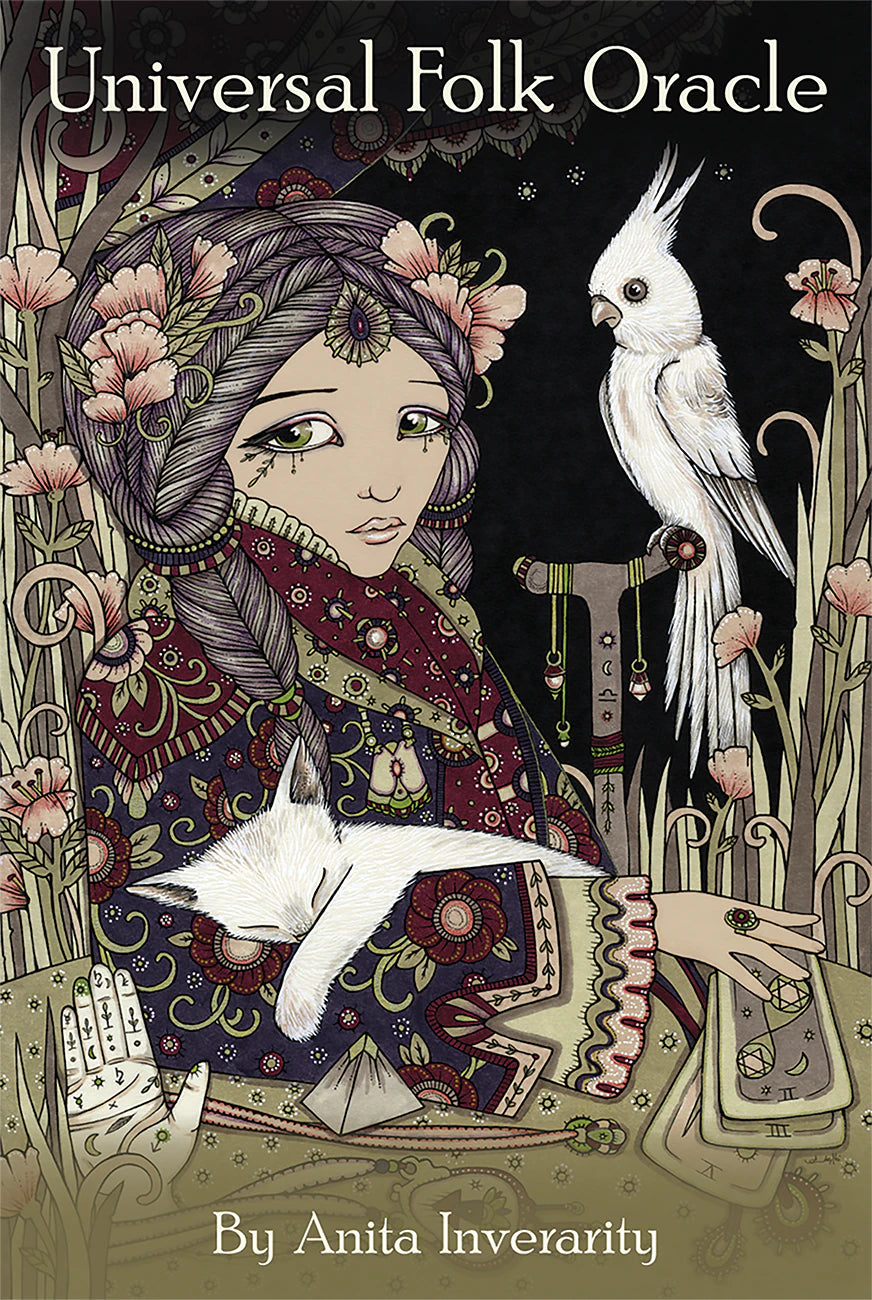 Cover of 'Universal Folk Oracle' by Anita Inverarity featuring a stylized illustration of a woman with a bird.