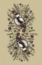 Two birds perched on intertwined branches with flowers on a beige background