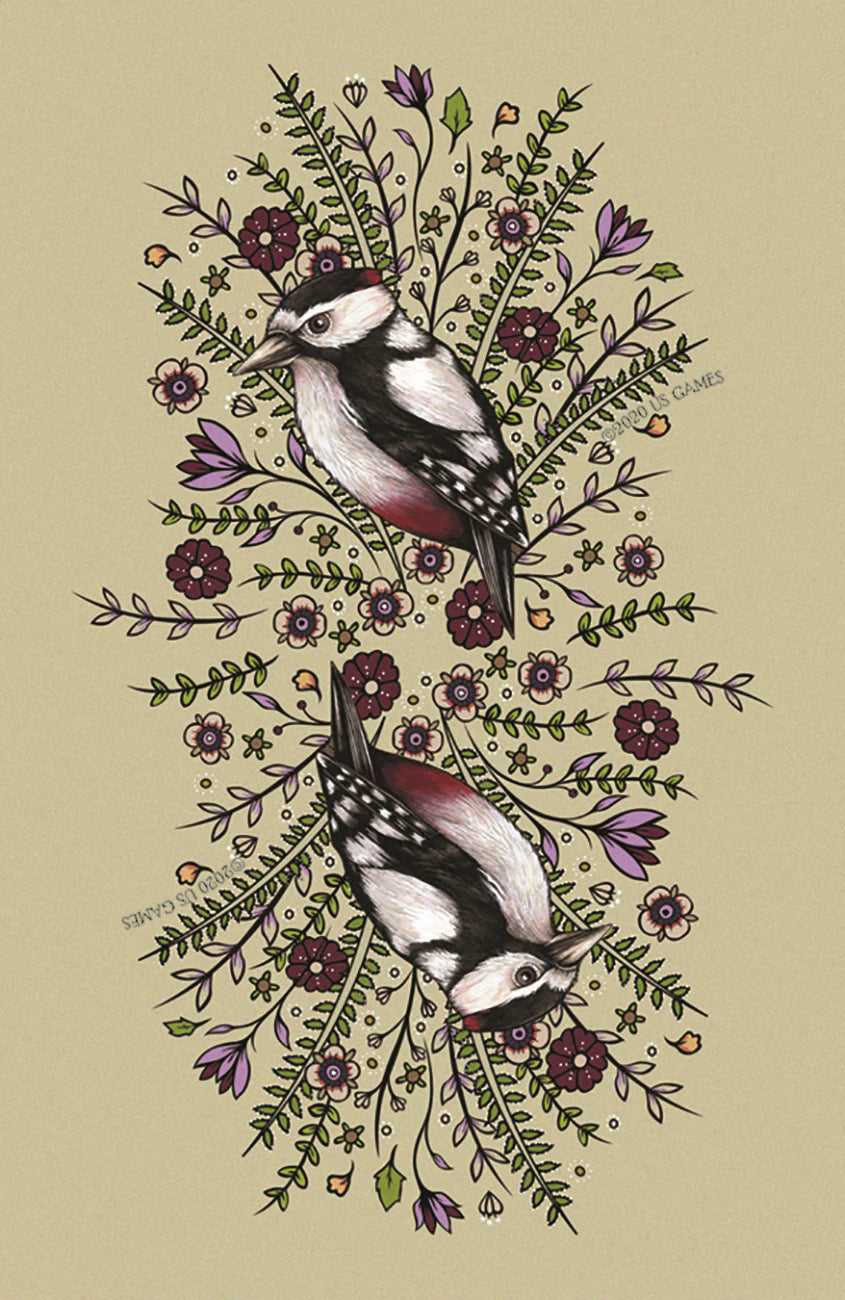 Two birds perched on intertwined branches with flowers on a beige background