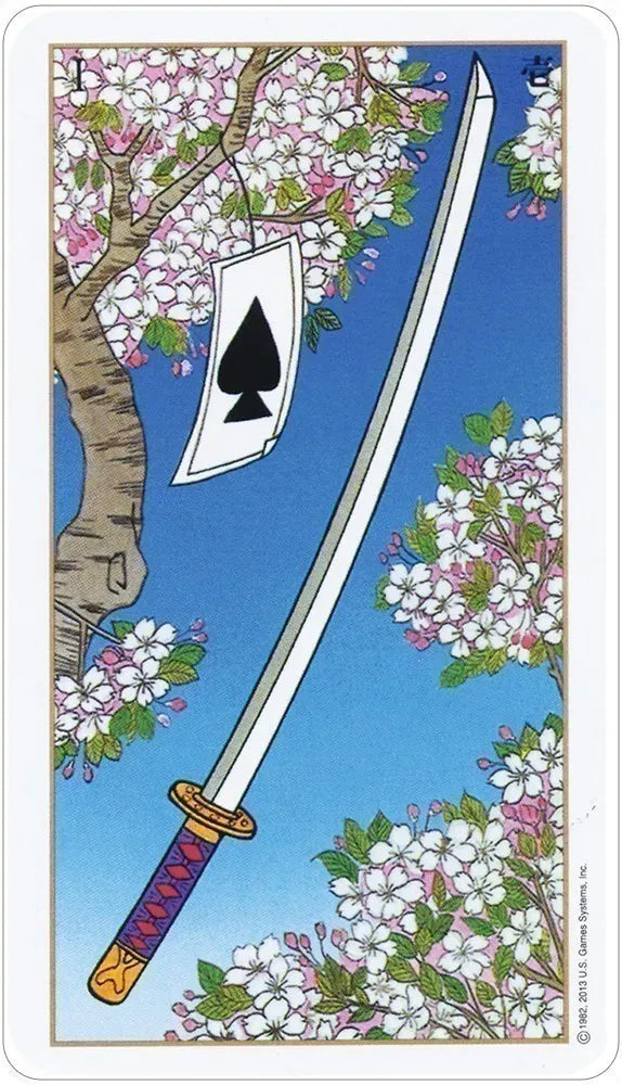 Card with a sword and black spade symbol surrounded by cherry blossoms on a blue background