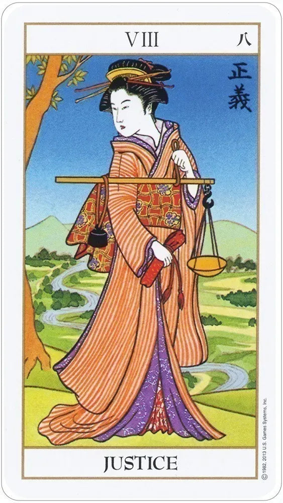 Tarot card titled 'Justice' featuring a woman in traditional attire with a landscape background.
