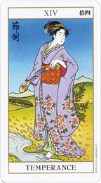 Card from a tarot deck titled 'Temperance' featuring a person in traditional attire with a scenic background.