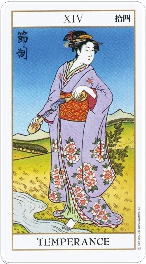 Card from a tarot deck titled 'Temperance' featuring a person in traditional attire with a scenic background.
