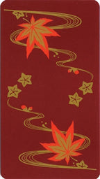Red card with orange maple leaves and green decorative elements on a red background