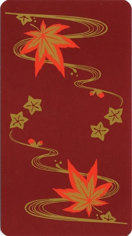 Red card with orange maple leaves and green decorative elements on a red background