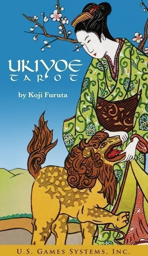 Cover of the Ukiyoe Tarot by Koji Furuta featuring a woman in traditional attire with a lion.