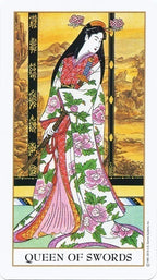 Card featuring the 'Queen of Swords' with a stylized illustration of a woman in a floral kimono against a mountainous background.