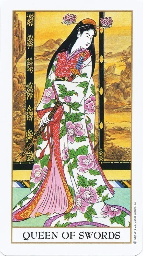 Card featuring the 'Queen of Swords' with a stylized illustration of a woman in a floral kimono against a mountainous background.