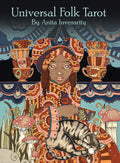 Cover of 'Universal Folk Tarot' by Anita Inverarity featuring a person with a cat and colorful cups.