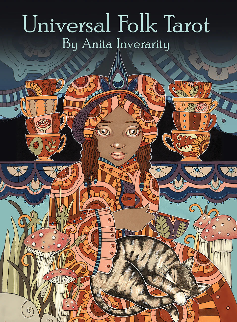 Cover of 'Universal Folk Tarot' by Anita Inverarity featuring a person with a cat and colorful cups.
