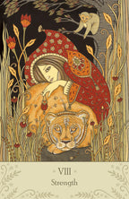 Artistic depiction of a woman with a lion and nature elements, labeled 'Strength'.