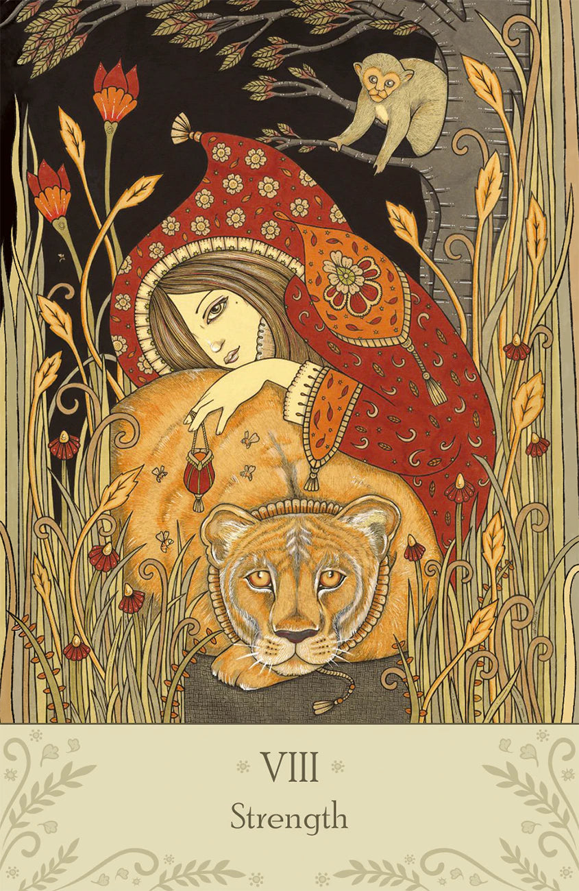 Artistic depiction of a woman with a lion and nature elements, labeled 'Strength'.