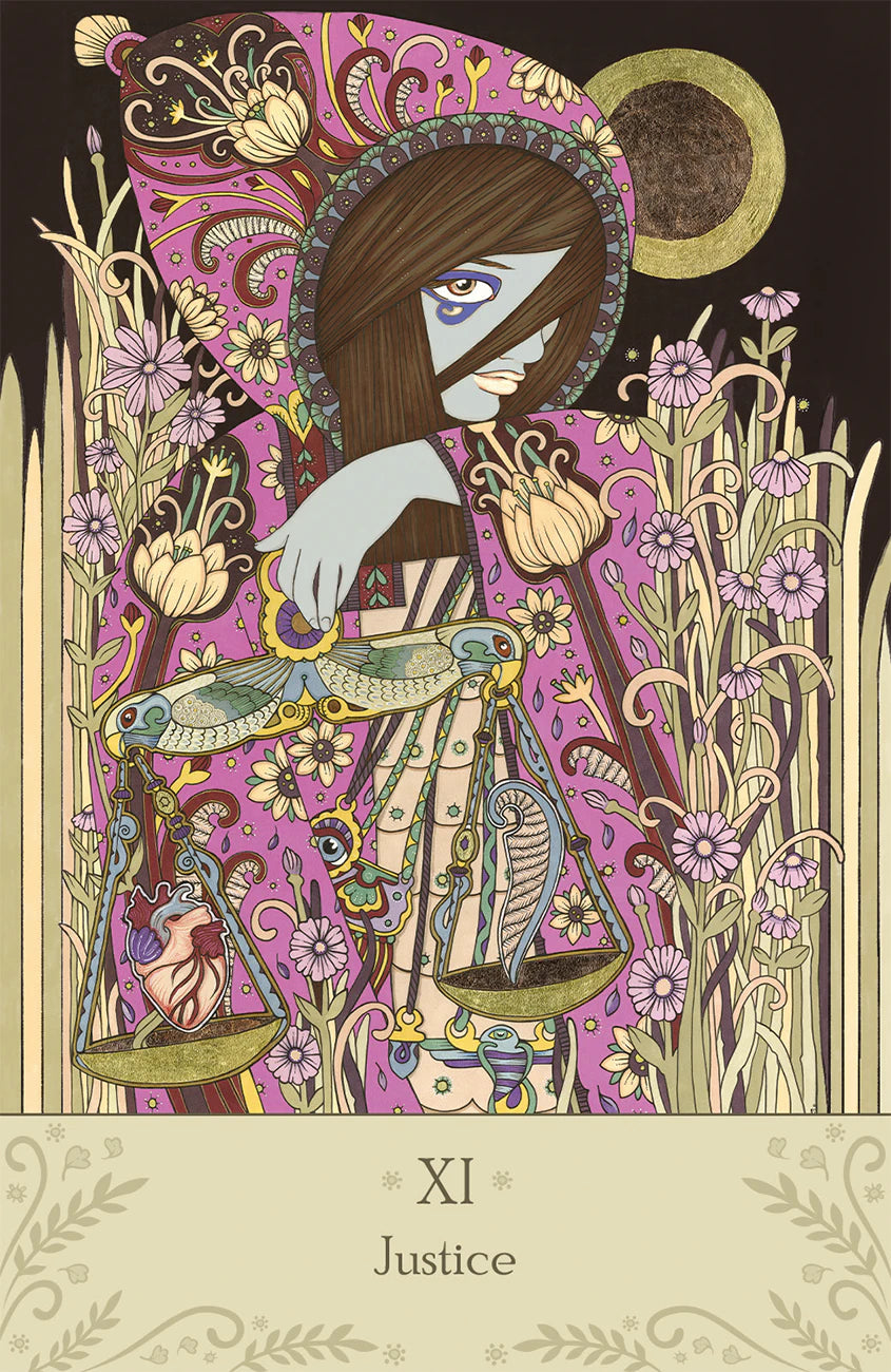 Tarot card featuring a stylized figure with a bird, surrounded by flowers and plants, labeled 'Justice'.