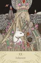 Illustration of a person in ceremonial attire with a dog, set against a celestial background.