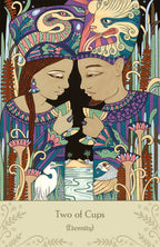 Colorful illustration of two figures holding hands with decorative elements and text 'Two of Cups (Eternity)' at the bottom.