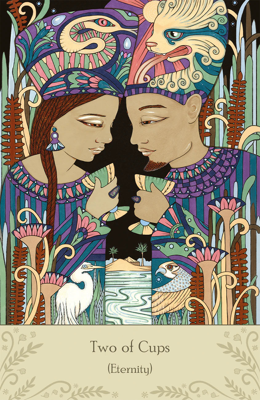 Colorful illustration of two figures holding hands with decorative elements and text 'Two of Cups (Eternity)' at the bottom.