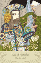 Colorful illustration of a character with intricate designs and nature elements, labeled 'Ace of Pentacles'.