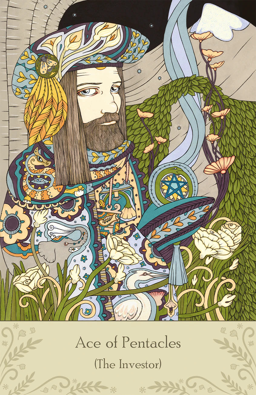 Colorful illustration of a character with intricate designs and nature elements, labeled 'Ace of Pentacles'.