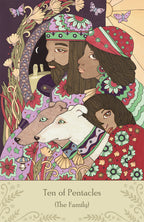 Card featuring four people and a dog with decorative elements and text 'Ten of Pentacles (The Family)'.