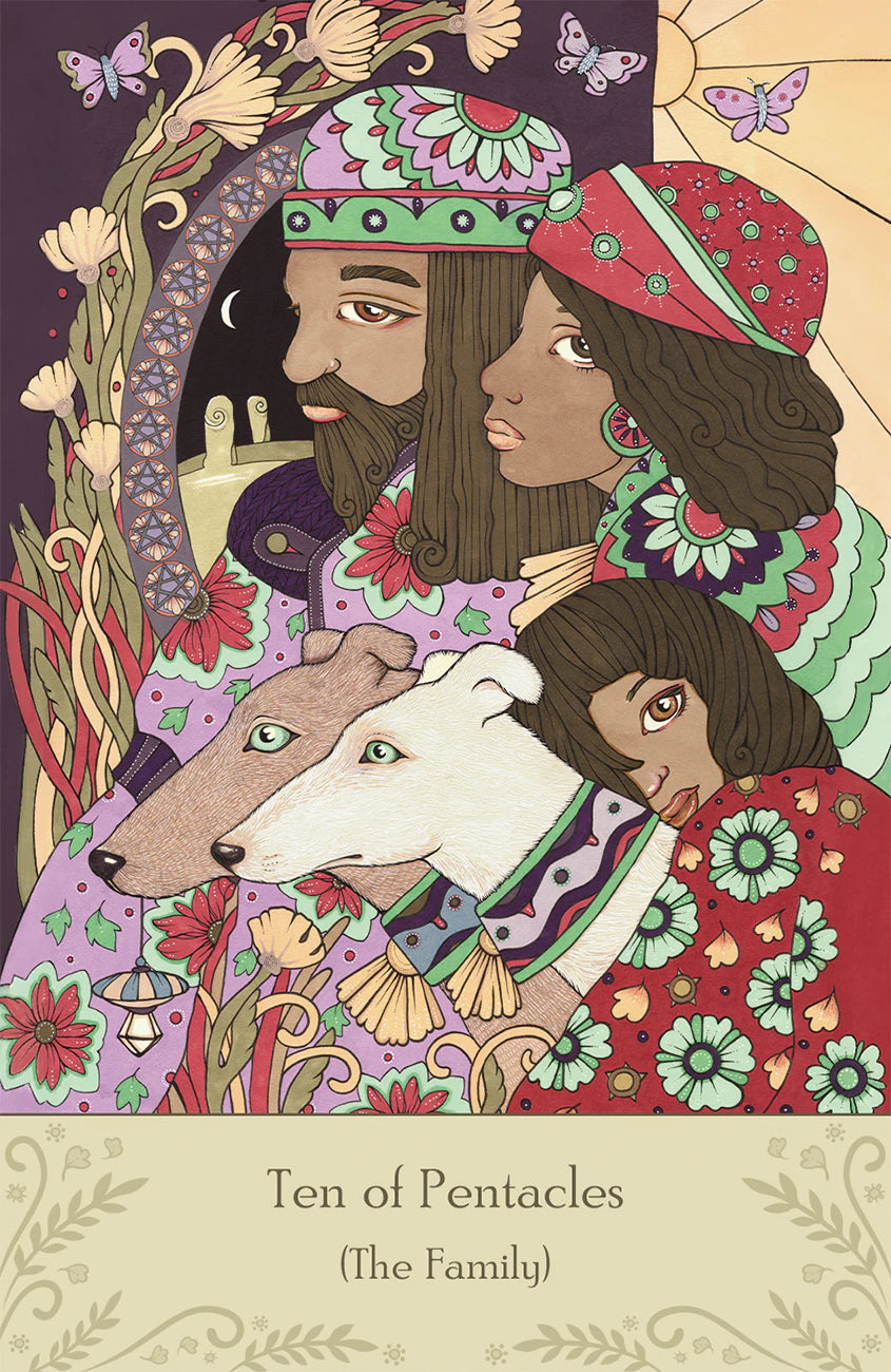 Card featuring four people and a dog with decorative elements and text 'Ten of Pentacles (The Family)'.