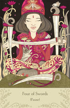 Illustration of a tarot card featuring a person with swords and floral elements.