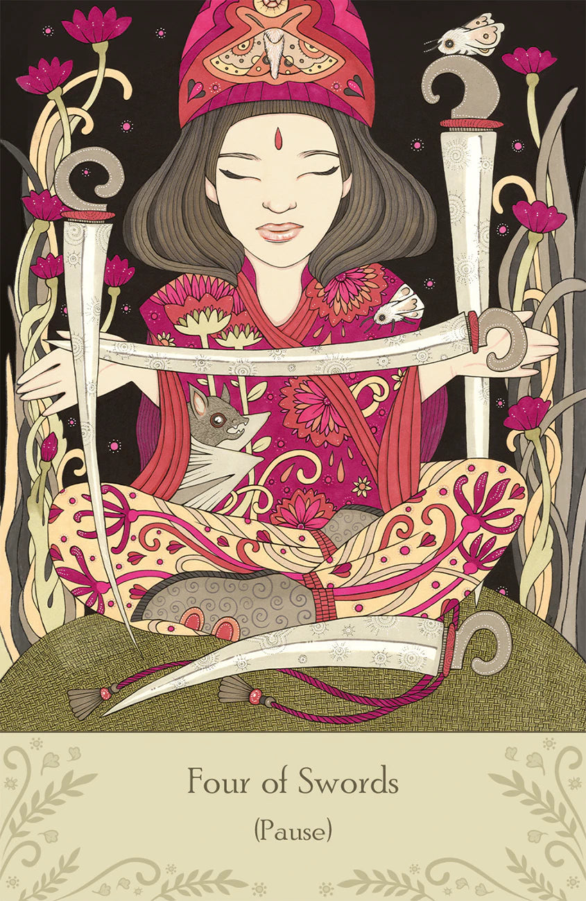 Illustration of a tarot card featuring a person with swords and floral elements.