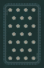 Pattern of white flowers with pink centers on a dark green background