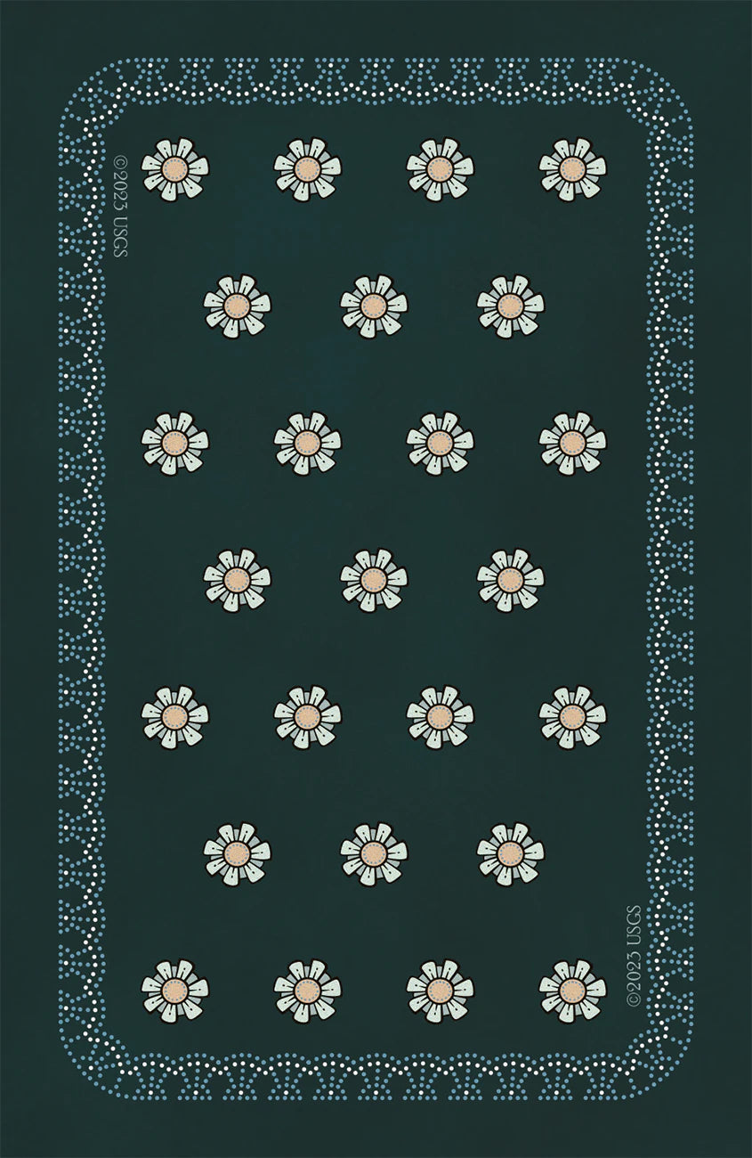 Pattern of white flowers with pink centers on a dark green background