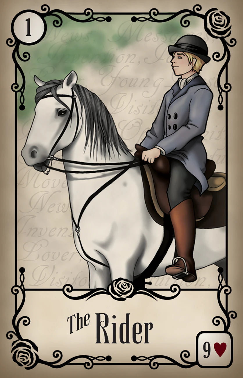 Card featuring a rider on a horse with decorative border and text