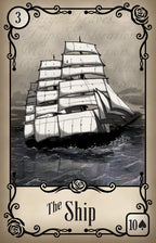 Vintage-style illustration of a ship on a card with decorative elements.