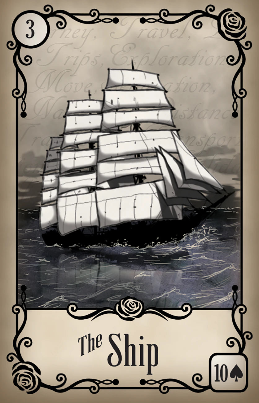 Vintage-style illustration of a ship on a card with decorative elements.