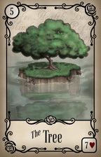 Card featuring a tree illustration with decorative elements on a beige background