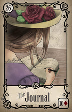 Illustration of a woman writing in a journal with roses on her hat, styled like a tarot card.