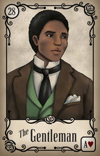 Illustration of a man in formal attire with decorative border and text