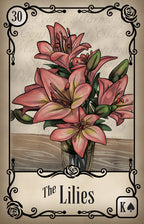 Illustration of pink lilies in a vase with decorative border and text 'The Lilies' and number '30'.
