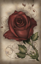 Red rose with green leaves and vines on a beige background