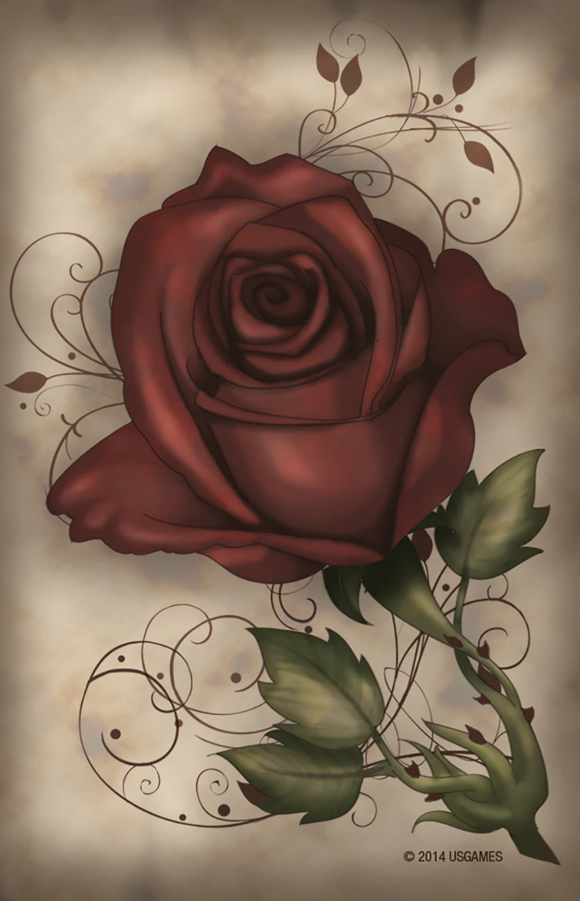 Red rose with green leaves and vines on a beige background