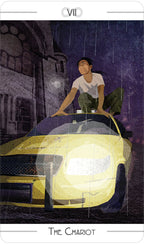 Illustration of a person sitting on a yellow car with a dark, rainy background